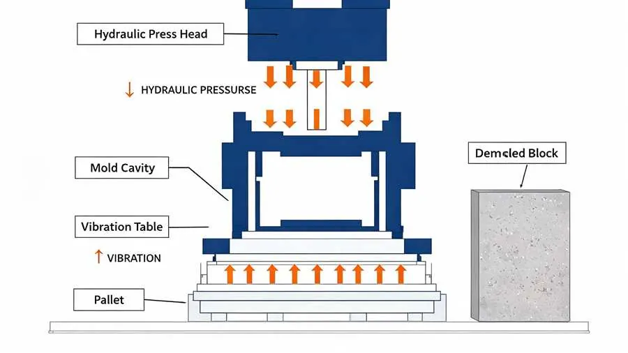 Cross-section diagram of a block machine mold assembly showing hydraulic press, mold cavity, and vibration table