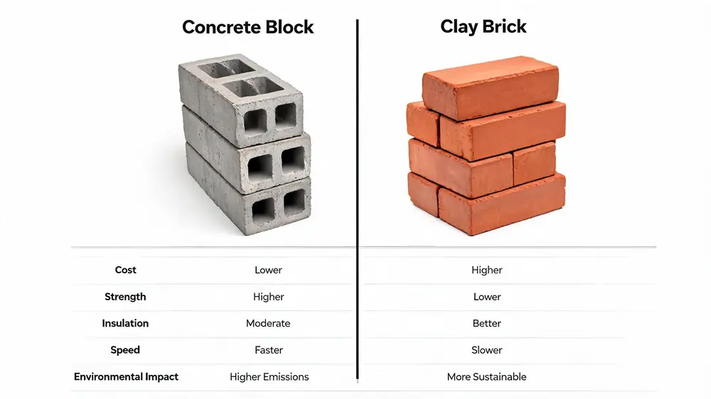 Side-by-side comparison infographic of concrete blocks versus clay bricks