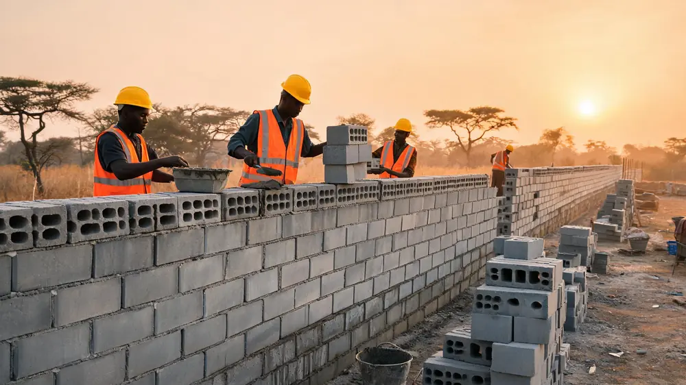 African construction site building walls with concrete hollow blocks
