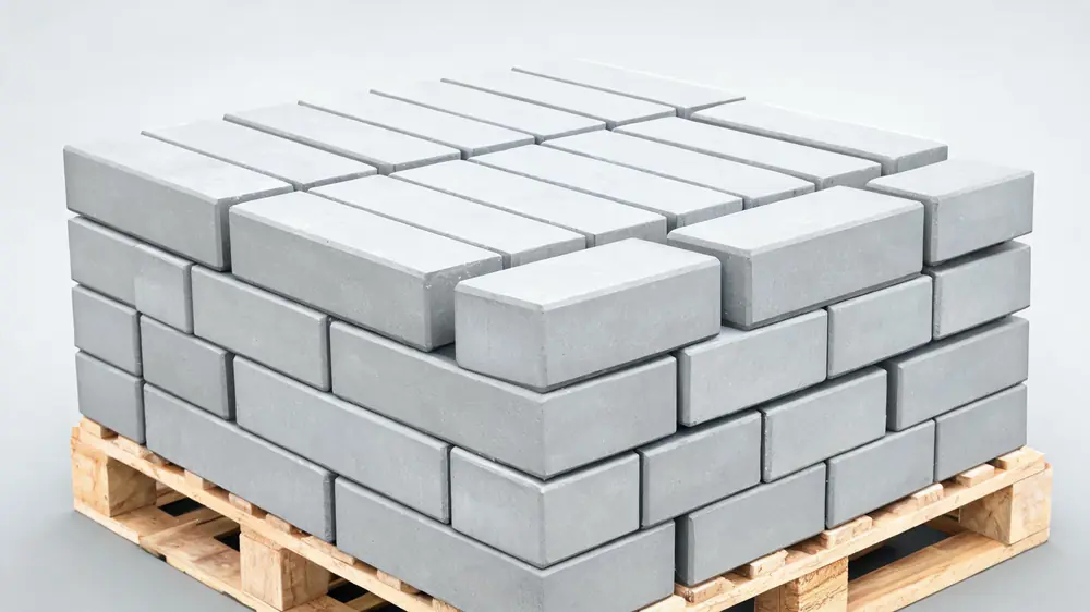 Freshly manufactured fly ash bricks stacked on pallets showing high quality surface finish