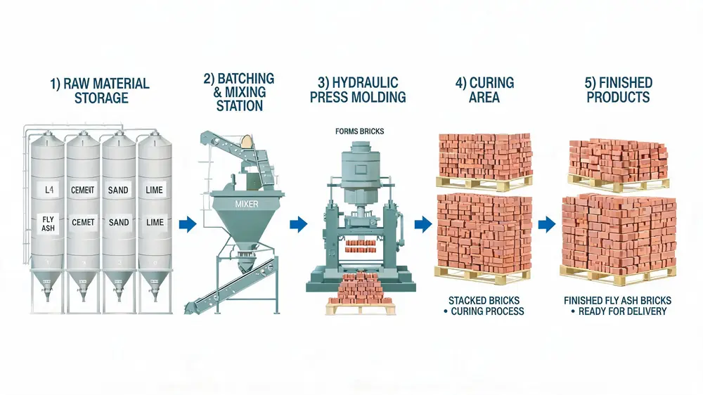 Fly ash brick manufacturing process flow diagram showing 5 stages from raw materials to finished bricks